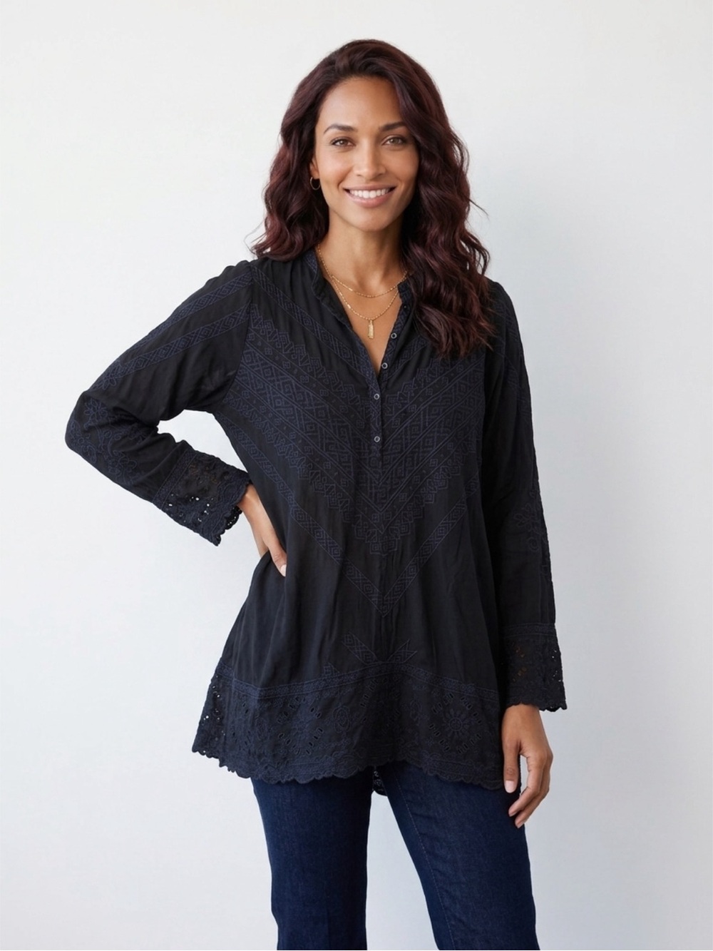 Johnny Was Black Embroidered Boho Tunic Top Size 2X - Picture 9 of 9